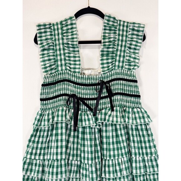 Dream Sister Jane Dress Green Roller Gingham Midi Tiered Ruffle Smocked Large - Picture 7 of 12